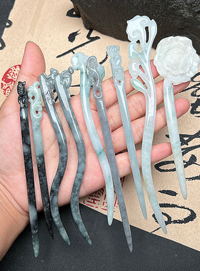 翡翠发簪龙凤如意玉簪缅甸A货手工雕刻复古女士发饰汉服玉钗发簪