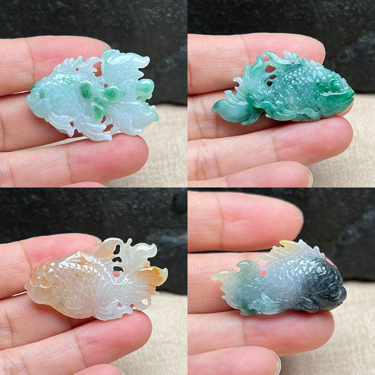 天然翡翠A货锦鲤吊坠年年有余