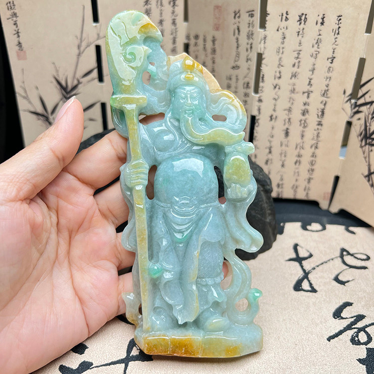 缅甸天然A货黄加绿关公翡翠摆件