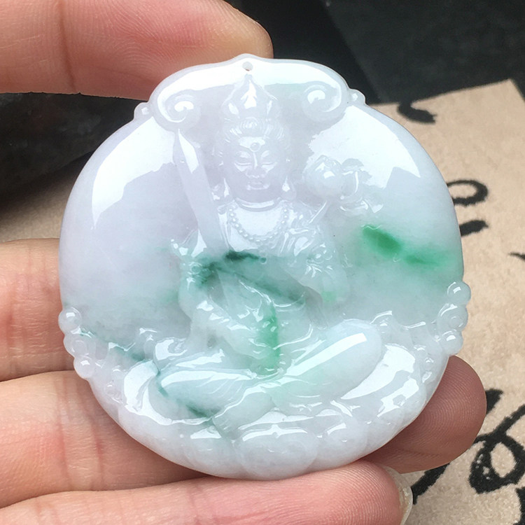 玉石寨玉器 飘花翡翠虚空藏观音吊坠缅甸保真冰糯种A货属兔本命佛