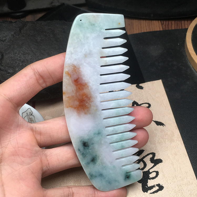 三彩翡翠梳子缅甸保真老坑A货冰糯种挂件四会工玉器包邮精品饰品