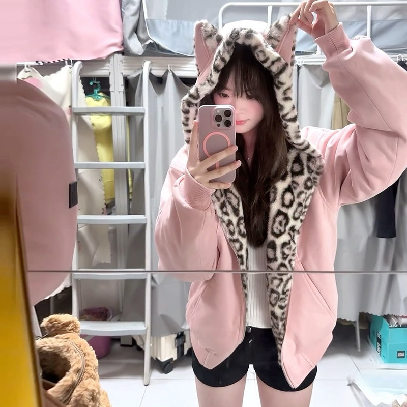 麂皮绒粉色豹纹座山雕外套女冬季棉衣/棉服