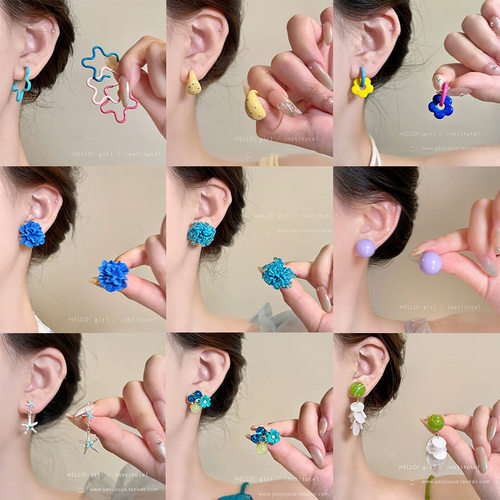 蓝色花朵滴釉耳环女夏天海边度假风耳钉多巴胺高级感小众设计耳饰