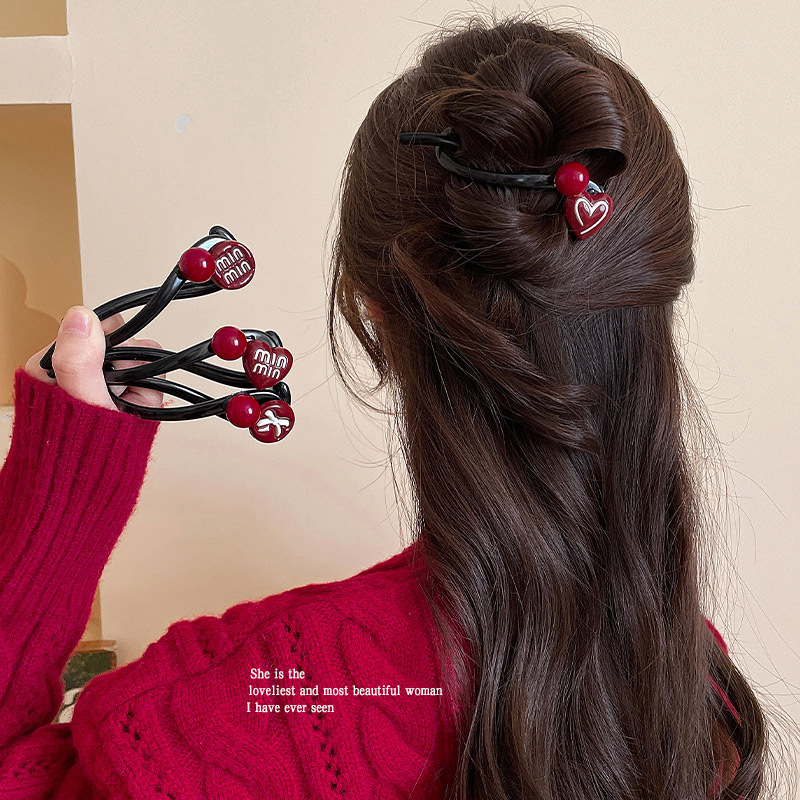 新年安可拉红色爱心扭扭夹女后脑勺盘发发夹气质高级感鲨鱼夹头饰
