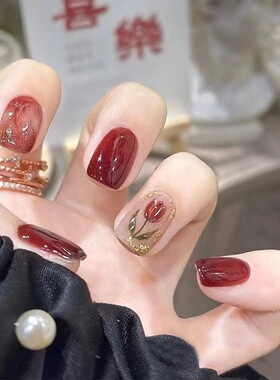 春夏短款车厘子红穿戴美甲晕染金箔温柔气质假指甲贴片美甲片