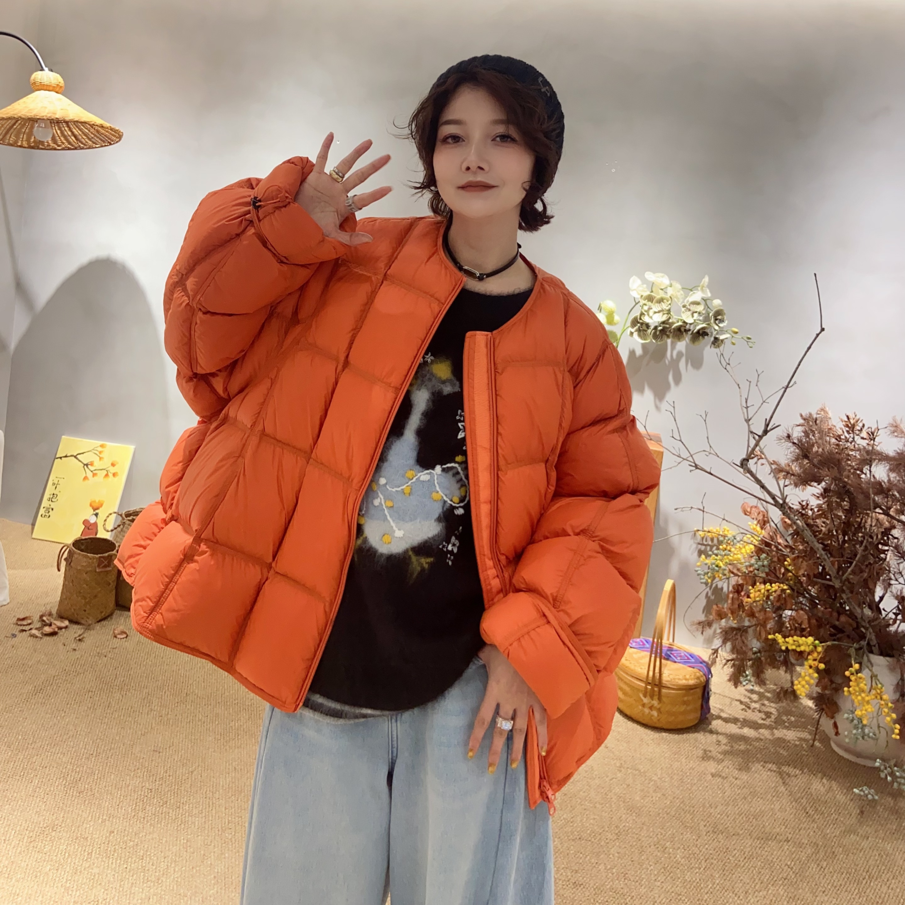 DD STY【冬款上新】小众设计高克重圆领纯色豆腐块羽绒服 89130