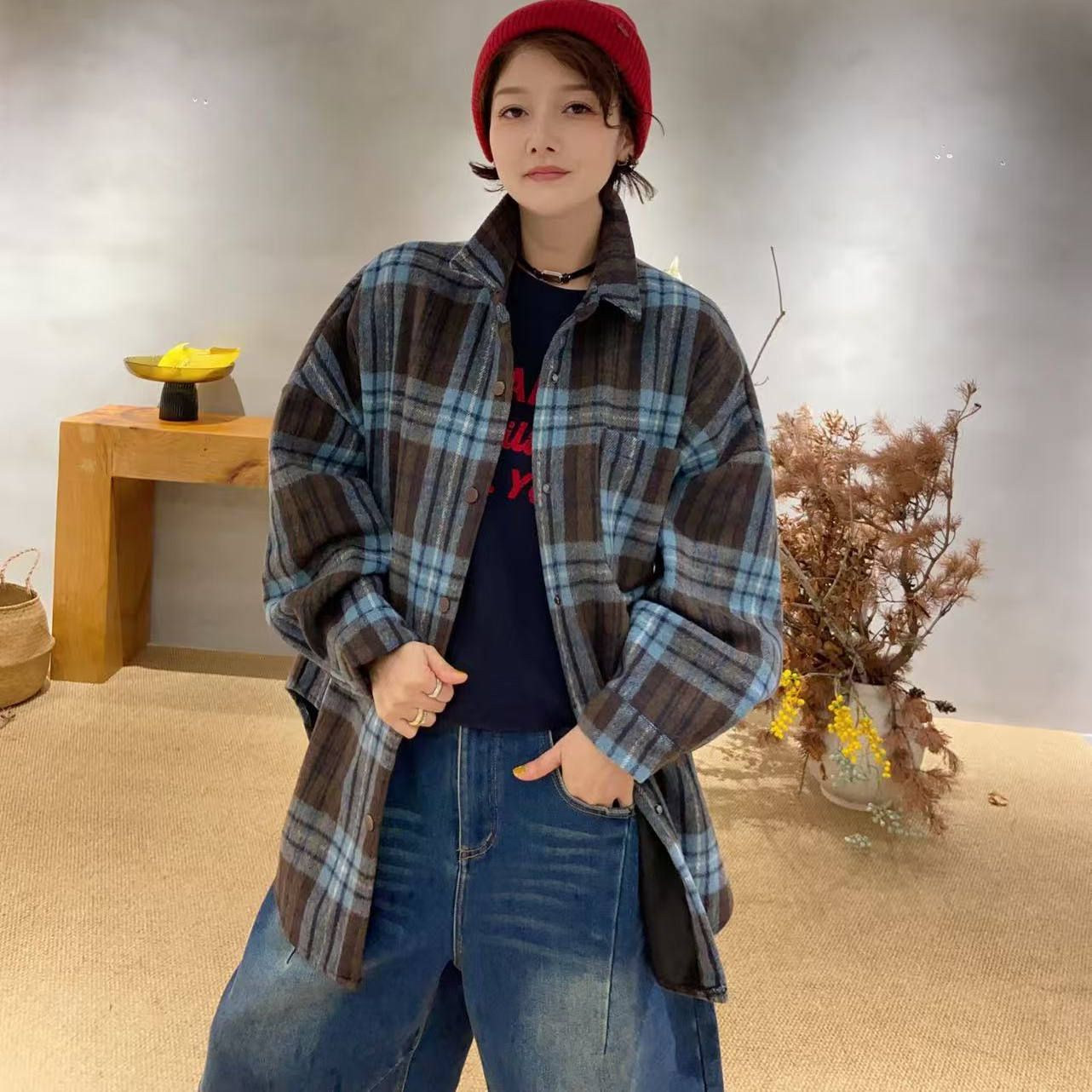 DD STY【冬款上新】小众设计毛呢加绒格子衬衫外套 1572