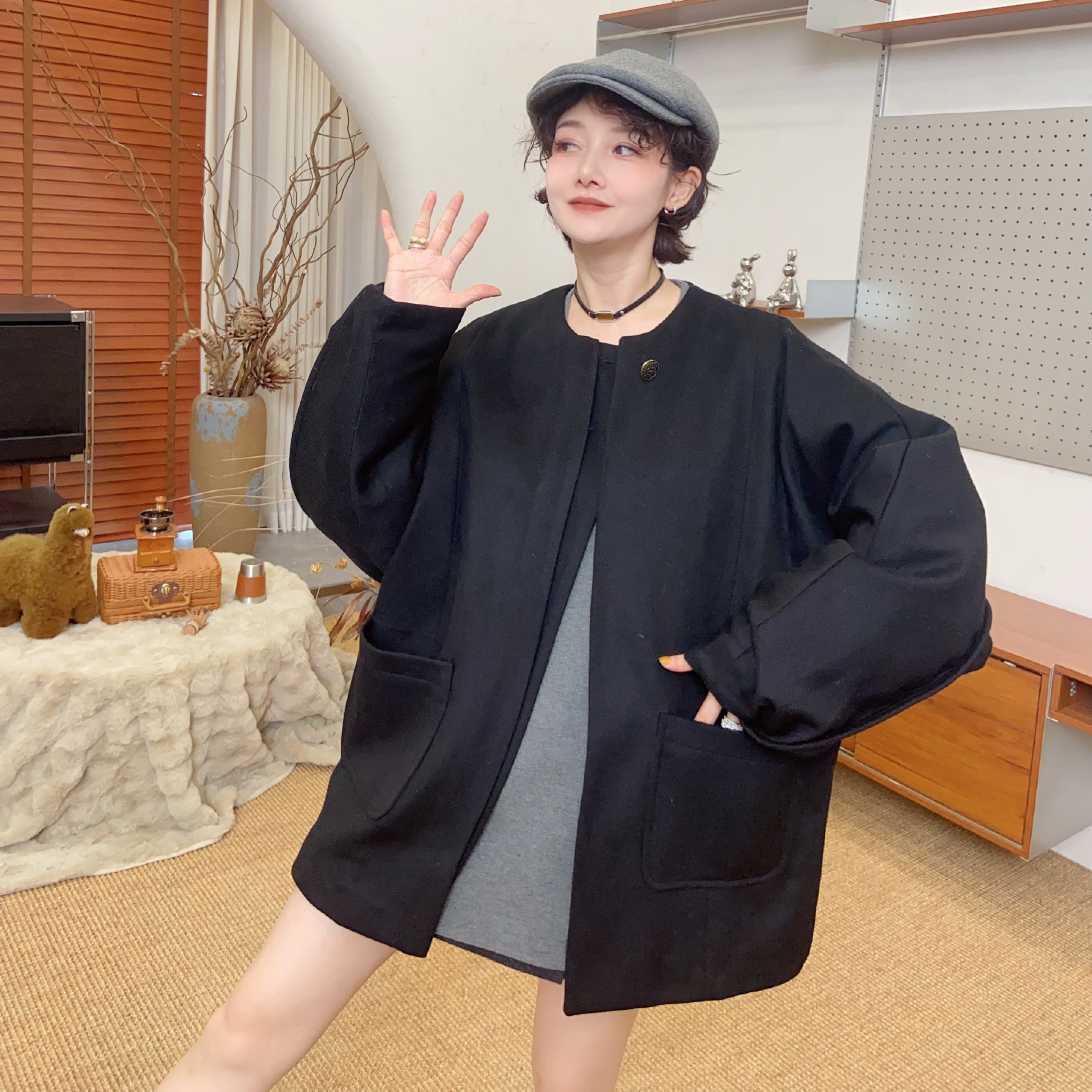 DD STY【冬款上新】小众设计慵懒风宽松圆领羊毛西装羽绒服 9362