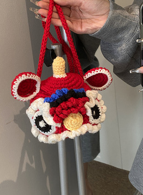 过年醒狮包新年喜庆毛线钩织包春节可爱编织包红色拜年虎头斜挎包