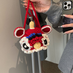 过年醒狮包新年喜庆毛线钩织包春节可爱编织包红色拜年虎头斜挎包
