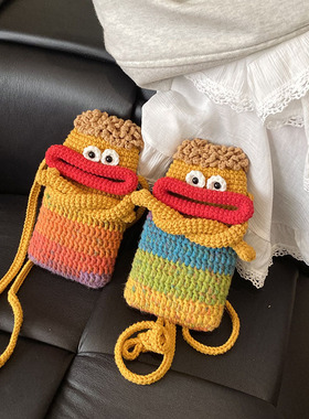创意手工编织搞怪手机包网红香肠嘴钩织斜挎包渐变大嘴毛线包成品