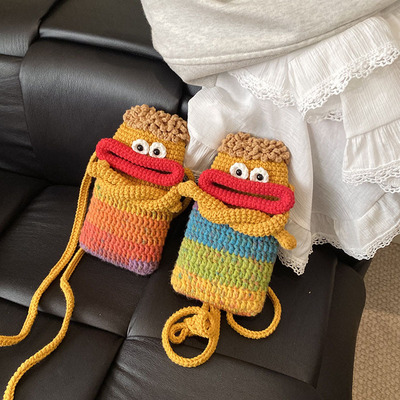 创意手工编织搞怪手机包网红香肠嘴钩织斜挎包渐变大嘴毛线包成品