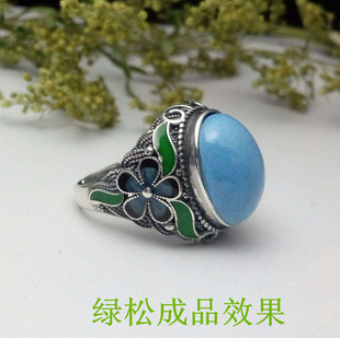 s925纯银胎镀白金复古 仿掐丝景泰蓝珐琅女款活口戒指托空托12*16