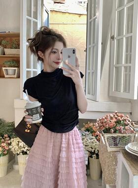 法温柔时尚女NUD装2国025夏季款领短袖顶饼新网长裙立两件套