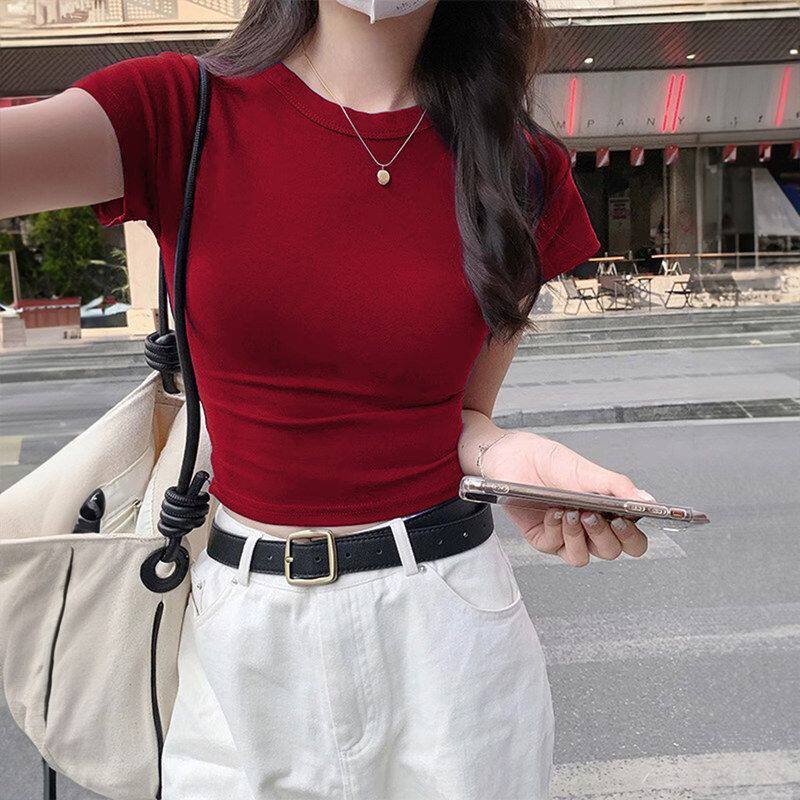 女装红色t恤女短袖短款紧身辣妹上衣夏装纯棉修身显瘦正肩T恤上衣