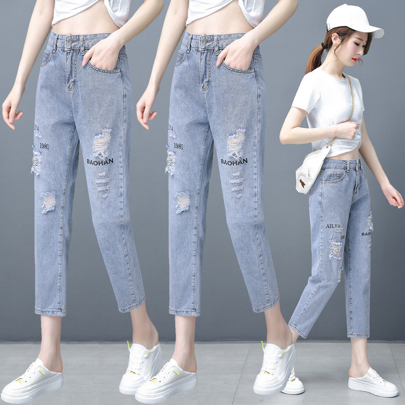 破洞牛仔裤女高腰2020年新款潮夏季薄款显瘦时尚休闲百搭7分裤子