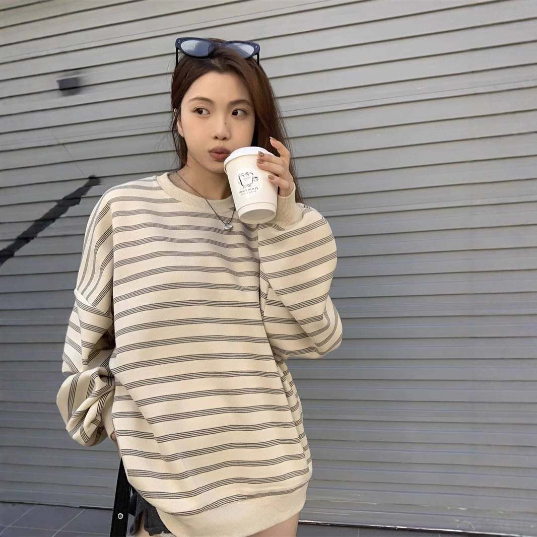 韩版条纹卫衣女秋季新款薄闲款宽卫衣/绒衫