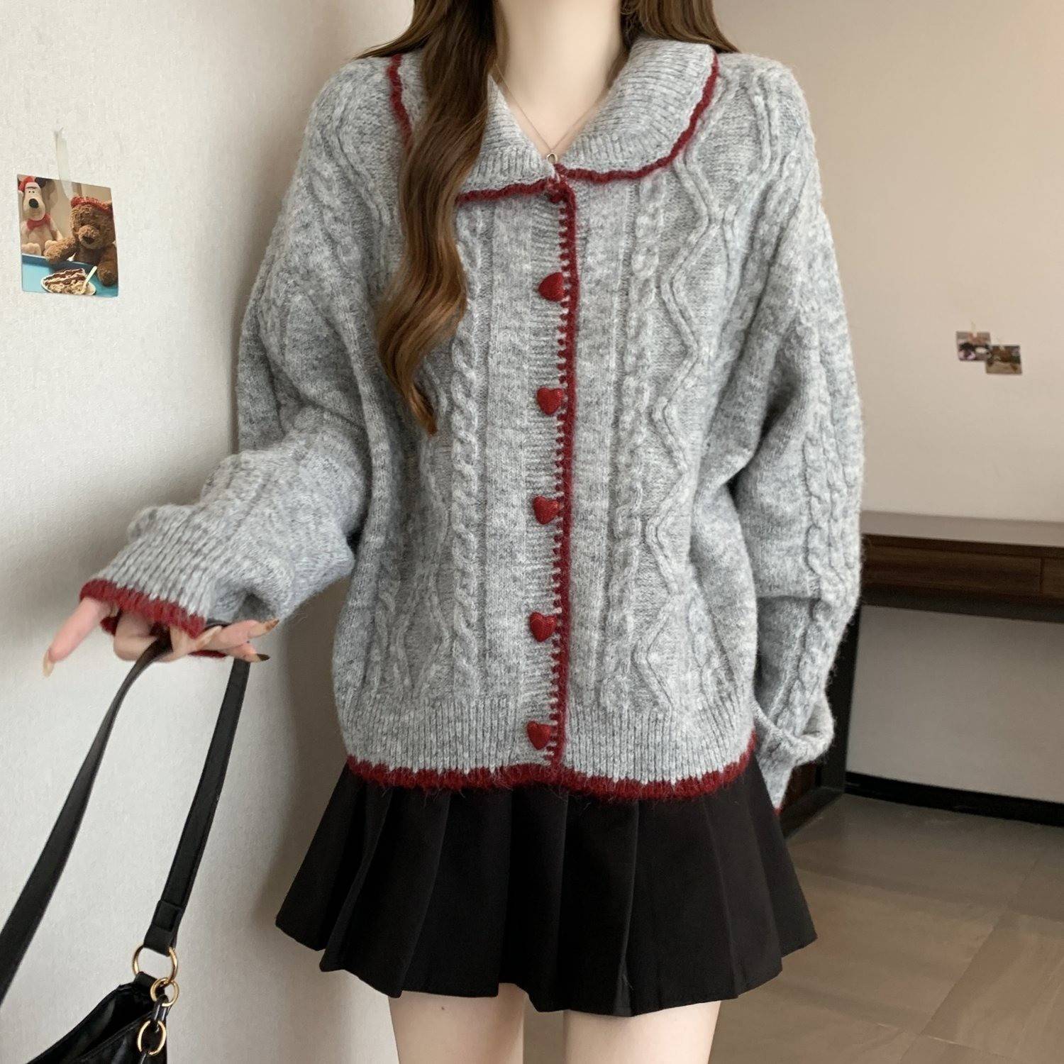 爱心扣娃娃领2针织开衫女205秋冬衣季新款慵懒风休闲毛外套女