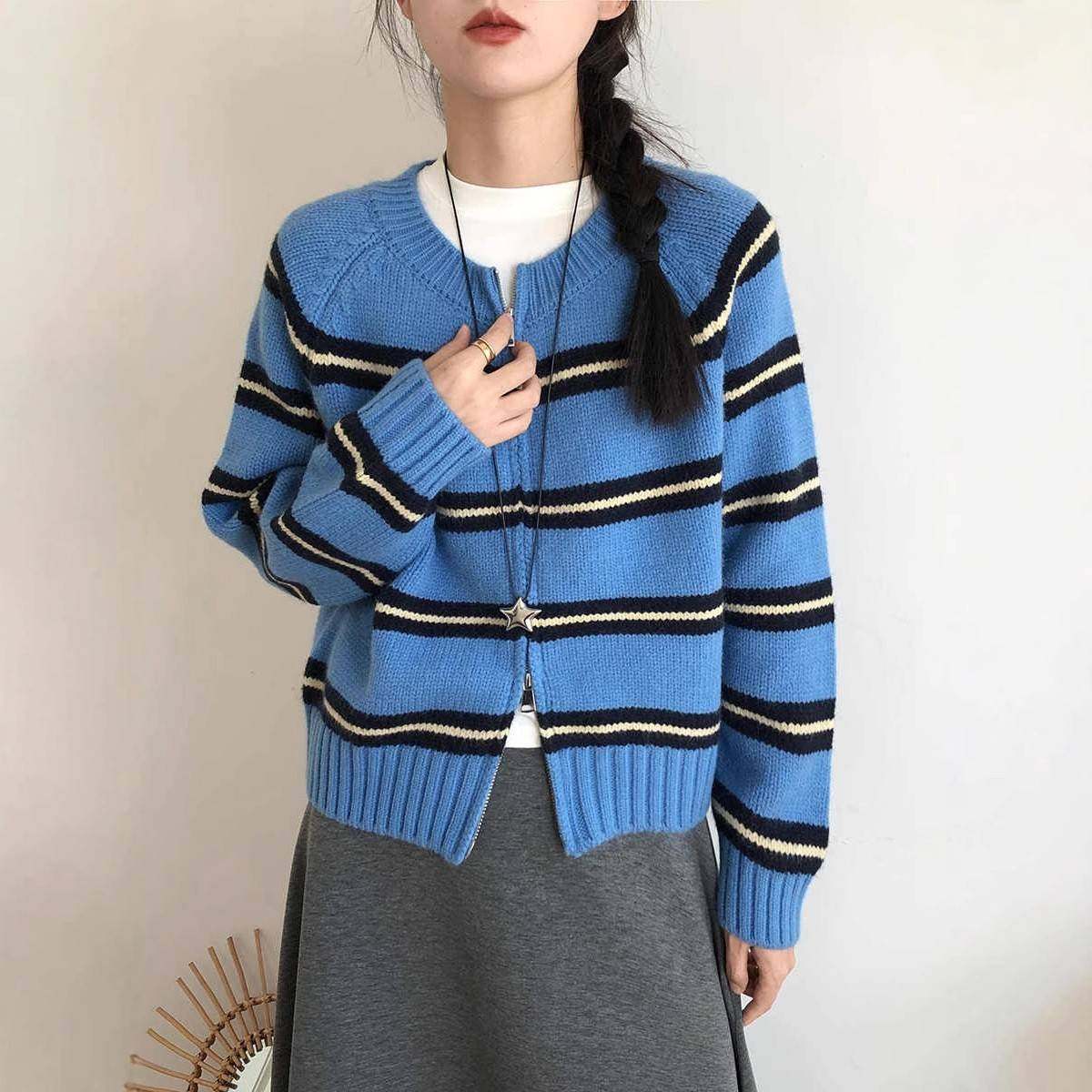 韩撞色开条纹针织衫女秋系冬新款穿搭百搭宽松毛衣双头拉链外套女