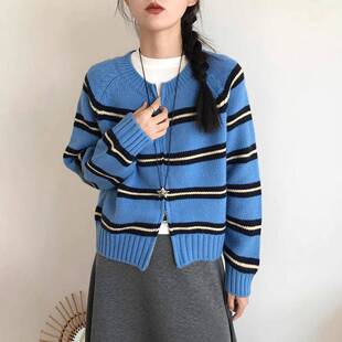 韩撞色开条纹针织衫女秋系冬新款穿搭百搭宽松毛衣双头拉链外套女