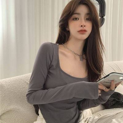 长衫袖打底女装冬休闲大秋U领则上衣薄学生修身内款搭不规t恤