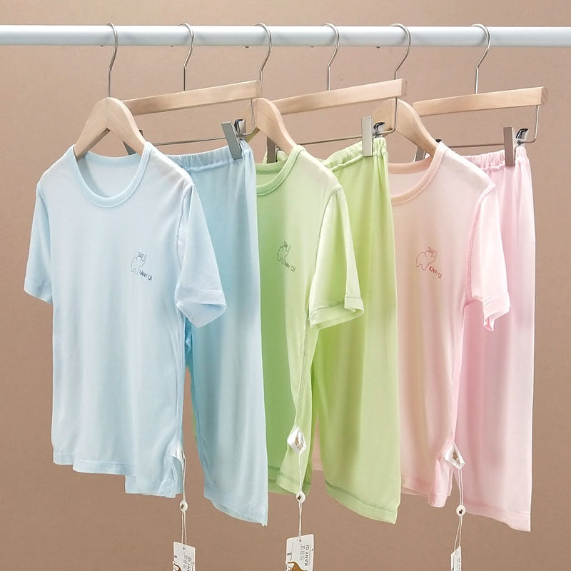 夏季儿童薄款空调服男生睡衣男童女童短袖竹纤维超薄内衣套夏装