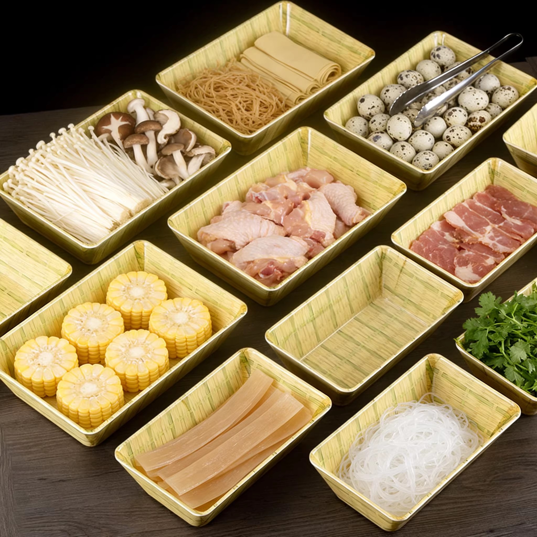 寿喜烧蔬菜菌菇拼盘烤肉火锅菜品展示盘山野风密胺长方盘麻辣烫盘