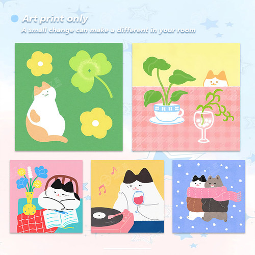 可爱治愈卡通猫咪自粘油画布画芯