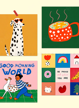 卡通斑点小狗儿童房黄色波普风插画装饰客厅玄关摆画装饰画芯自粘