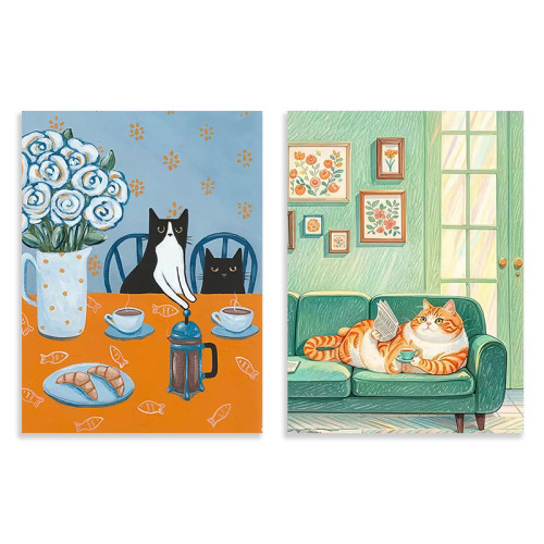 复古猫咪日常插画卧室装饰画自粘