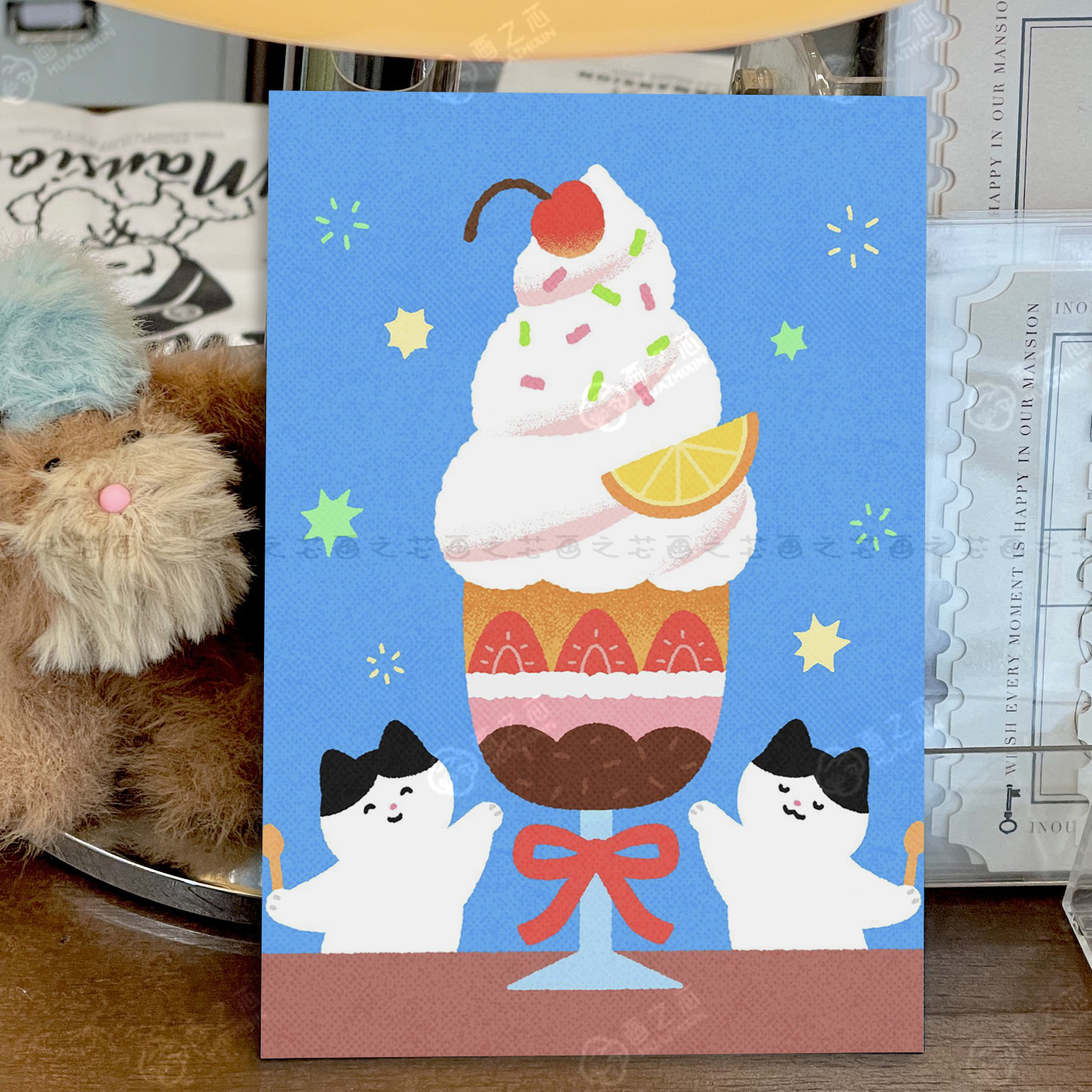冰淇淋小猫插画可爱治愈装饰画自粘海报墙贴书房卧室宿舍画芯无框图片