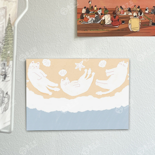 婴儿蓝配色系列横板插画清新治愈风客厅卧室装饰画芯自粘不含画框