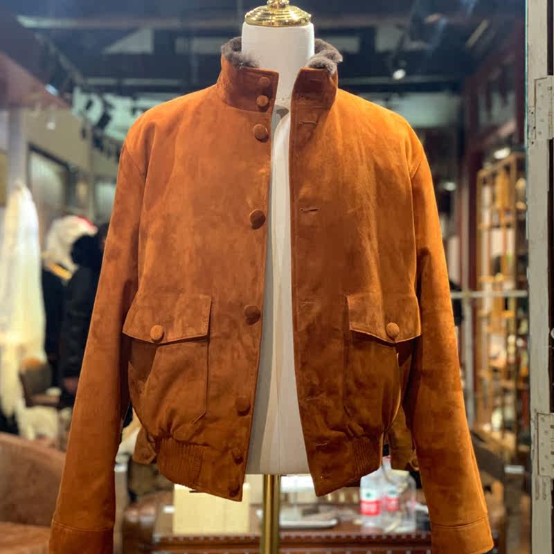 黄色翻毛皮夹克大毛领冬季保暖棉服量身定制
