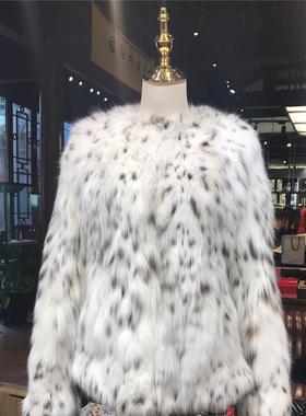 纯白色野山猫皮草猞猁外套可量身定制