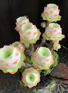 仿真多肉植物粉色山地玫瑰盆栽树脂粘土纯手工花室内客厅装饰摆件