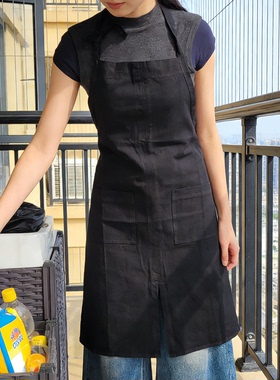 防污工装黑色棉麻挂脖奶茶画画咖啡宠物工作制服男女围裙