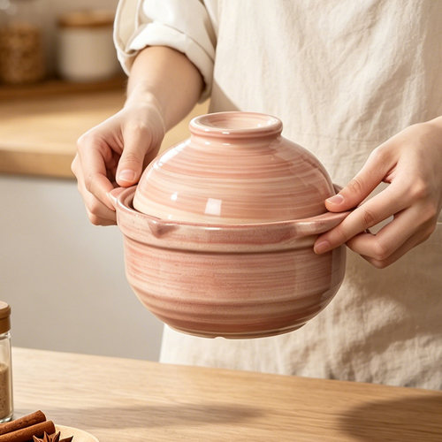 日式陶瓷粉色带盖砂锅炖汤锅神器