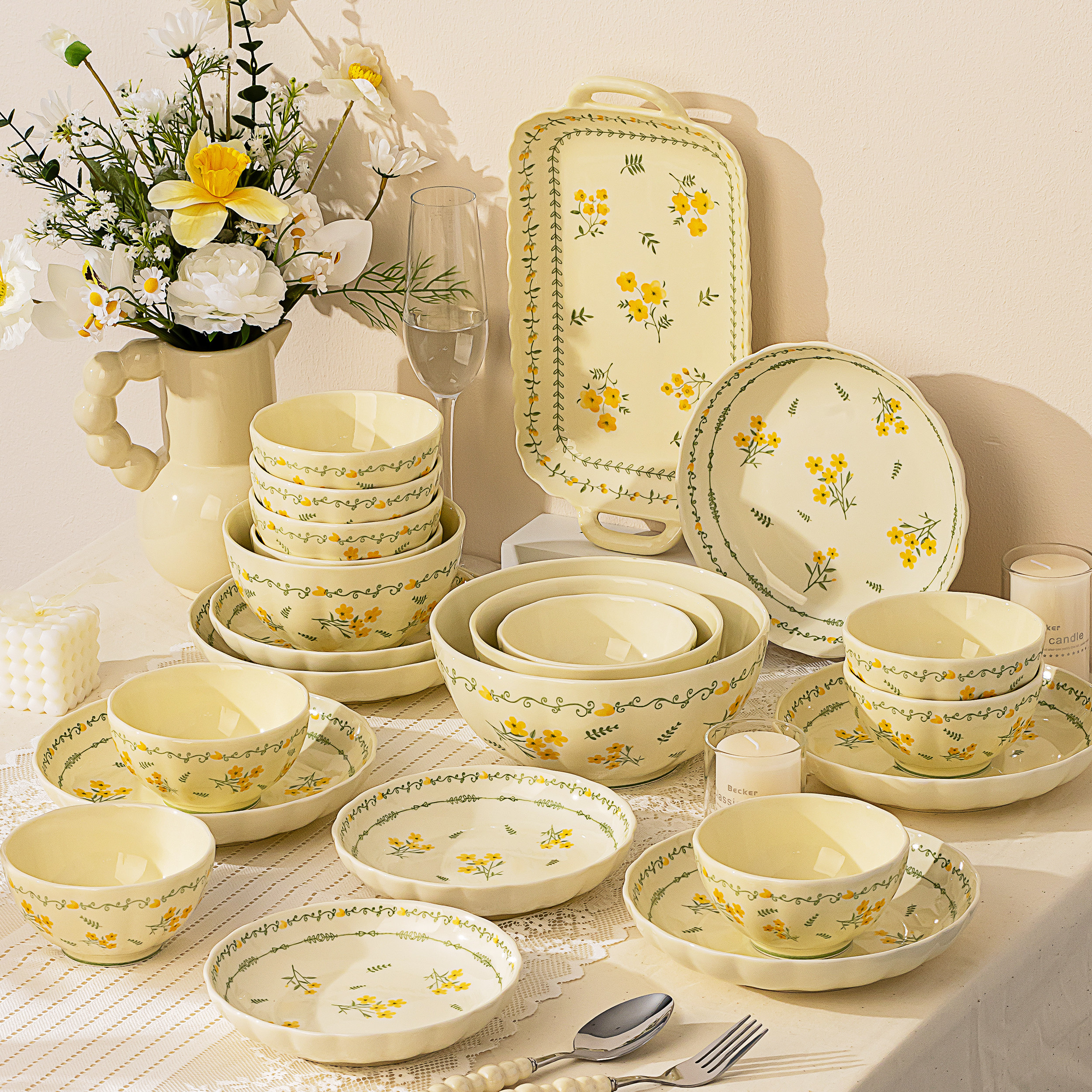 碗家用2025新款高颜值釉下彩碗盘餐具整套陶瓷碗具套装新婚礼物