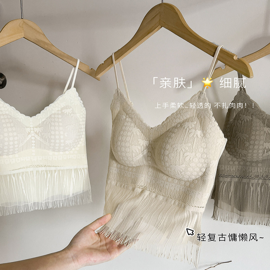 流苏提花蕾丝花纹吊带背心女士