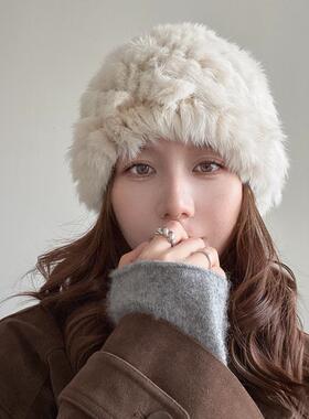 兔毛帽子女秋冬2025新款加厚保暖防寒毛线帽显脸小皮草毛绒渔夫帽