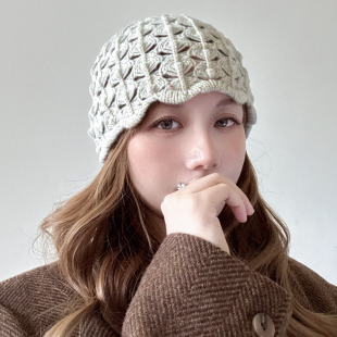 2025新款秋冬100%羊毛钩花针织帽子女镂空花边小众设计包头毛线帽
