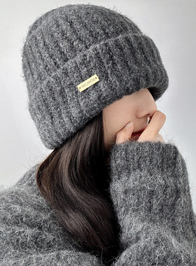 灰色大头围羊毛针织帽子女冬季加厚保暖护耳显脸小户外滑雪毛线帽