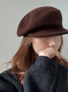法式咖啡色纯羊毛报童帽女秋冬显脸小贝雷帽复古画家帽气质鸭舌帽