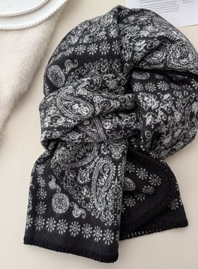 加宽加大版~仿羊绒腰果印花黑色围巾女款秋冬氛围感保暖围脖披肩