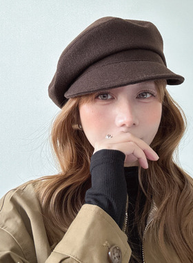 帽子女款秋冬2025新款英伦风羊毛呢贝雷帽显脸小八角帽复古报童帽