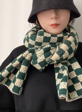 日系高级感时髦feel黑白色格子针织毛线围巾女冬季棋盘格百搭围脖