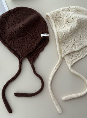 韩系时髦带绳100%纯羊毛巴拉克拉法帽护耳包头帽针织毛线帽女帽子