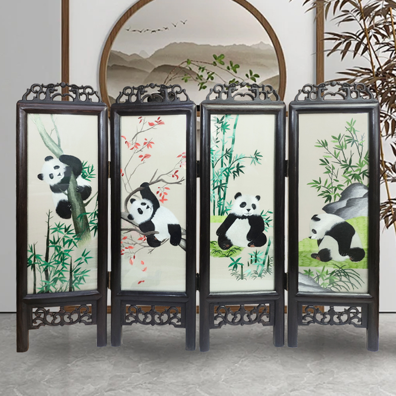 蜀绣熊猫双面刺绣折叠屏风摆件