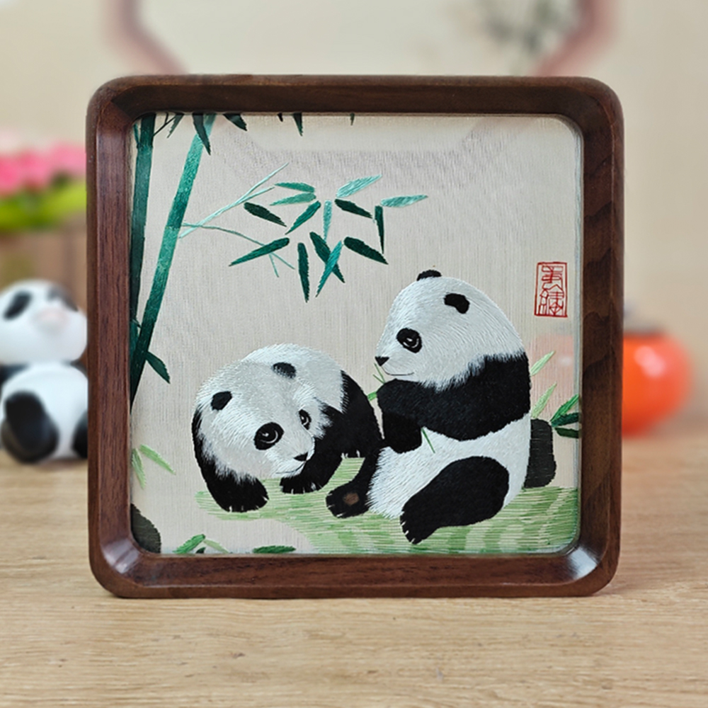 蜀绣双面绣熊猫文创摆件中国风特色礼物送老外出国商务会议伴手礼