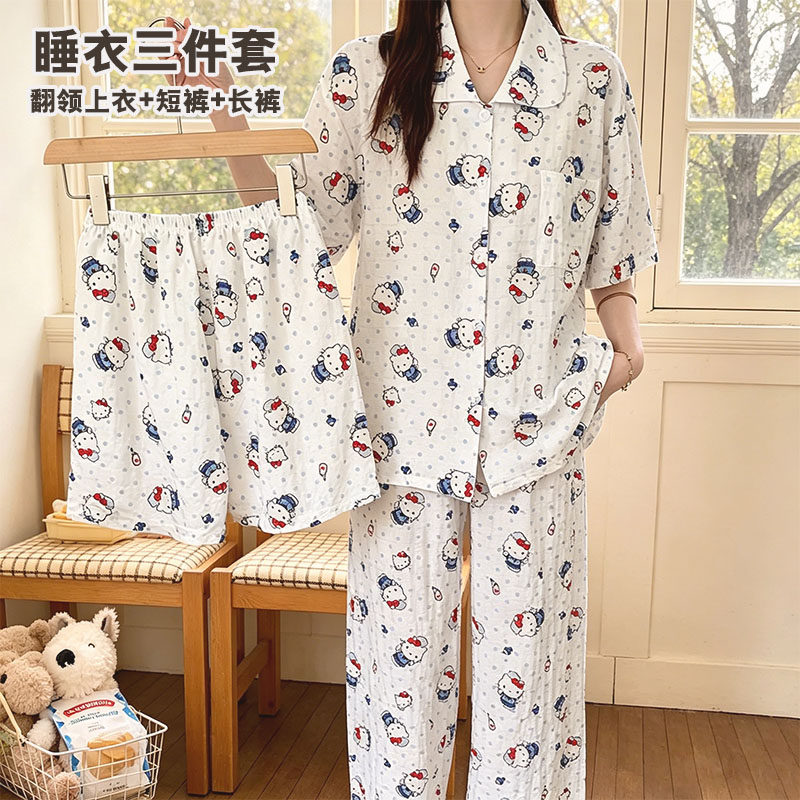 卡通印花睡衣女夏季短袖开衫三件套宽松大码家居服可外穿胖MM薄款